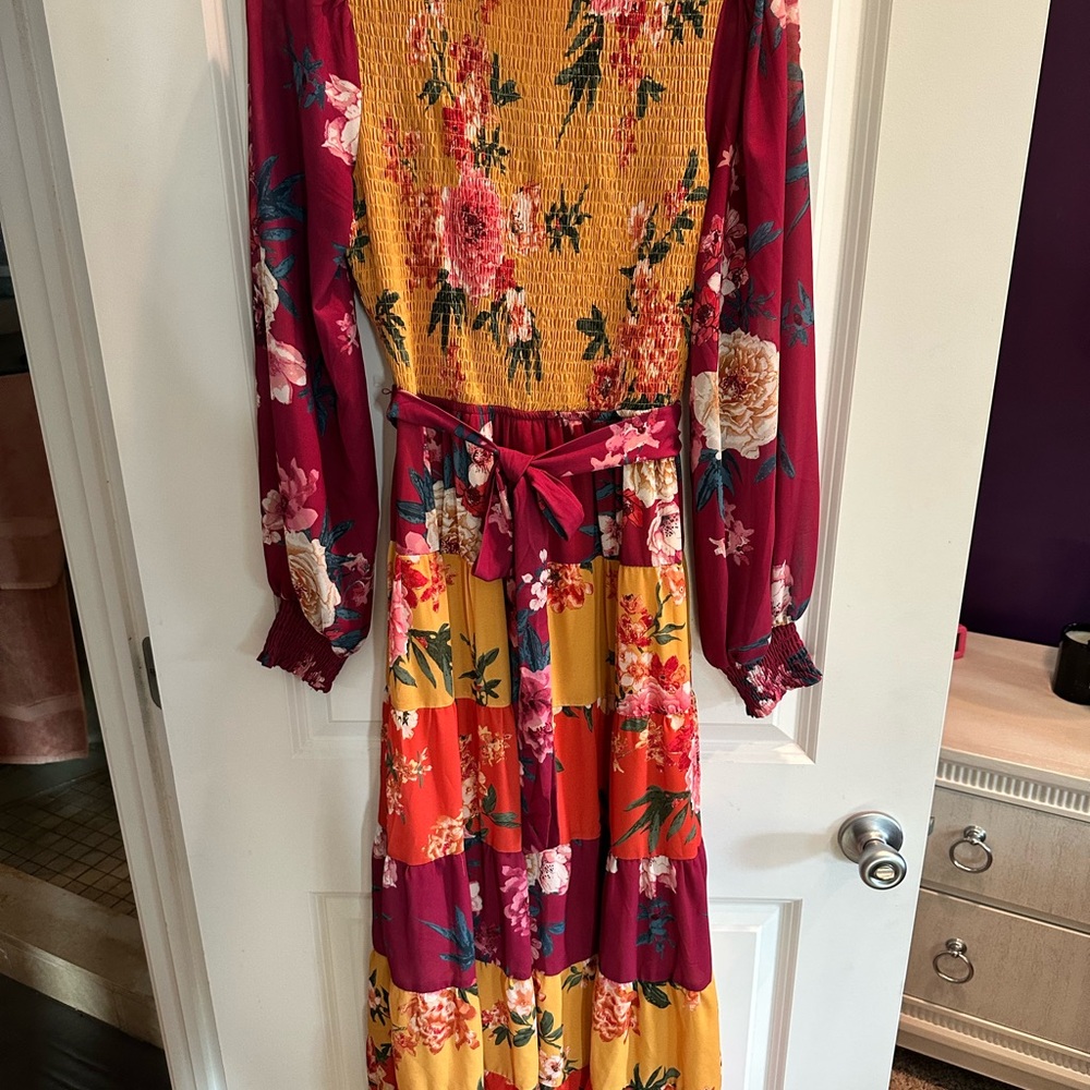 Aura Floral Long Sleeve Dress - Red and Yellow